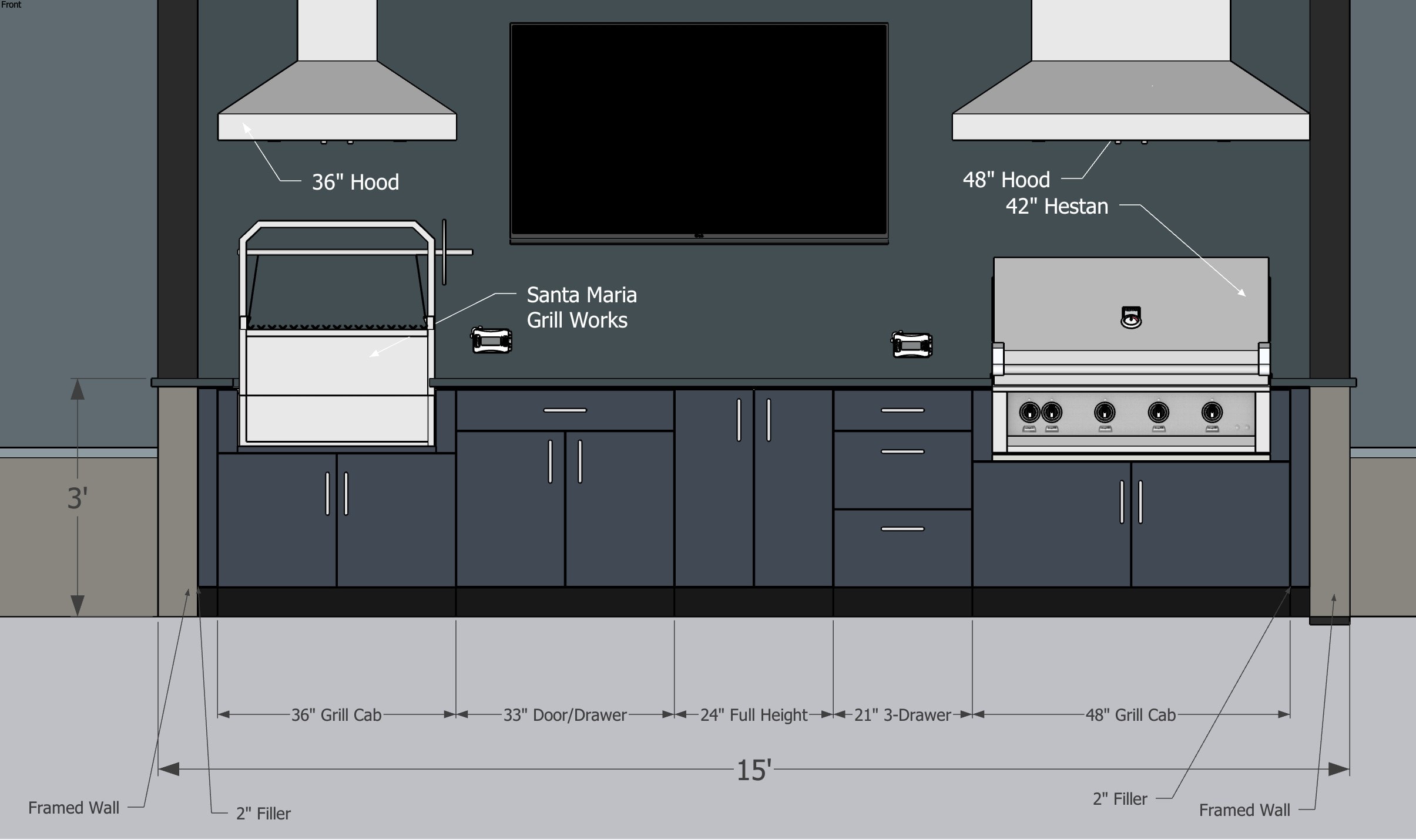 Design elevation — front view with labeled cabinet dimensions, 42" Hestan, Santa Maria Grill Works, and dual hoods
