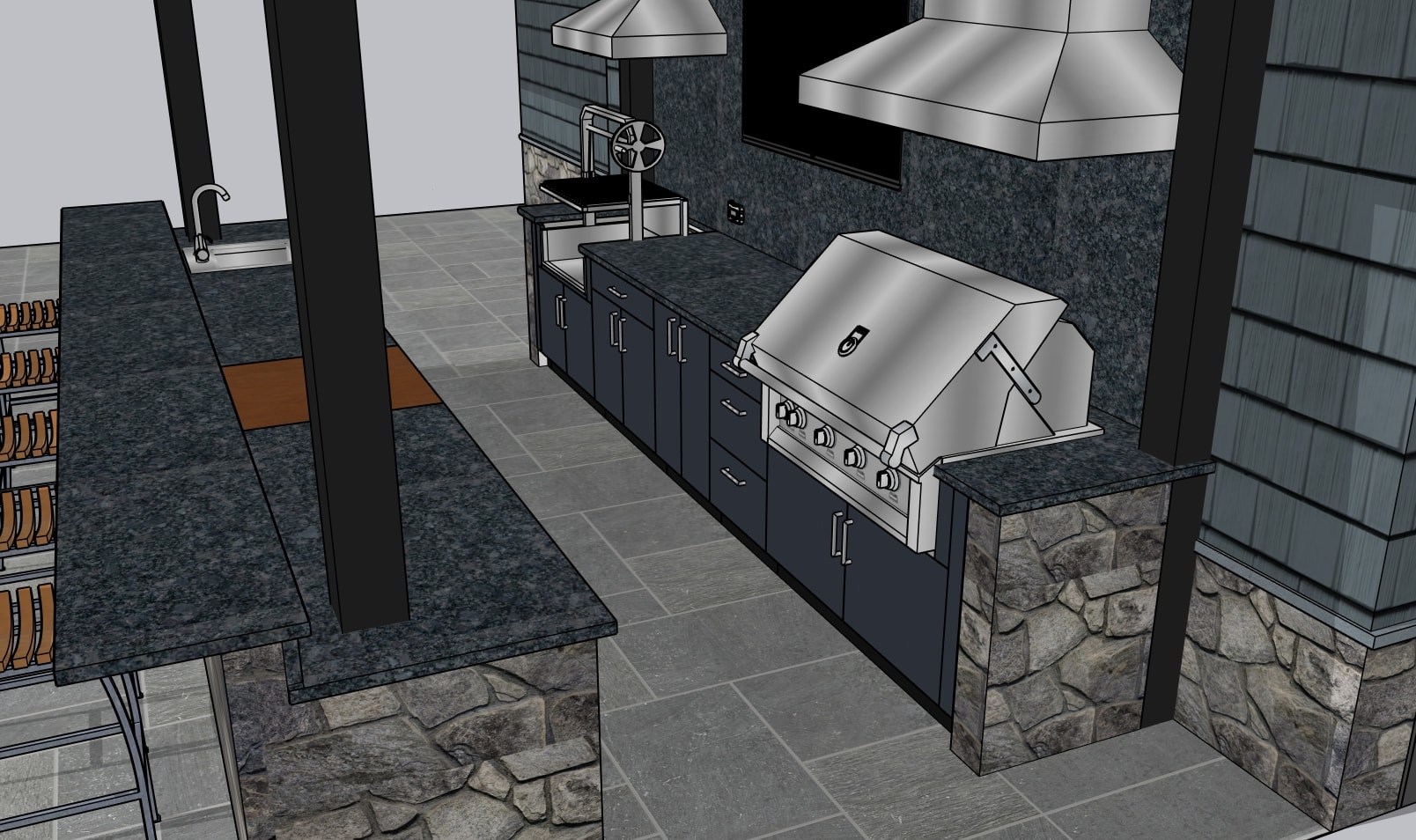 3D design render — cooking wall with Santa Maria grill, Hestan grill, and dual hoods
