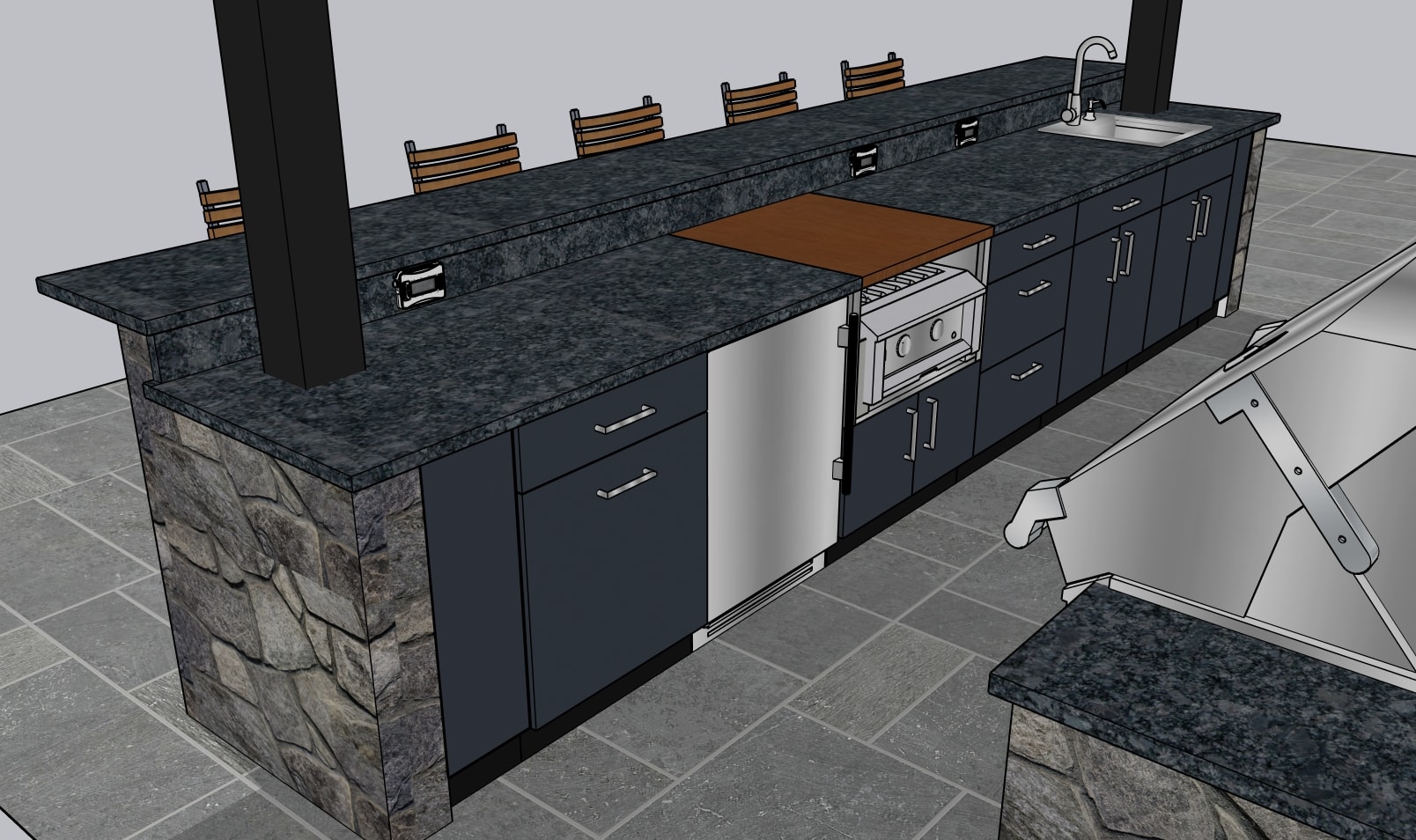 3D design render — bar island close-up showing power burner, drawers, and sink
