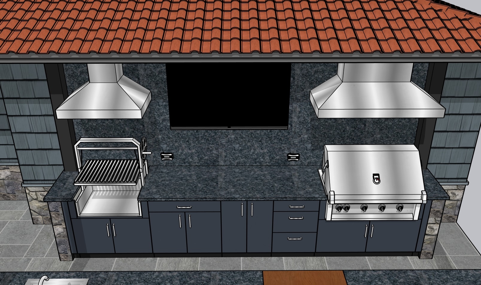 3D design render — cooking wall from above showing grill, Santa Maria, and hood placement