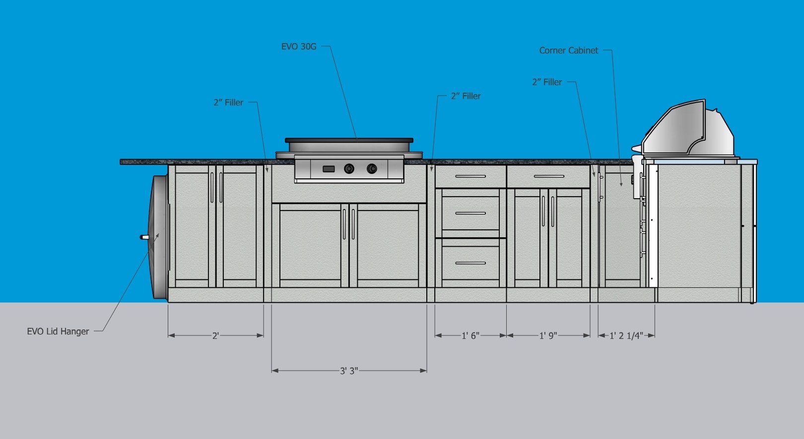 EVO elevation — cabinetry dimensions and component layout