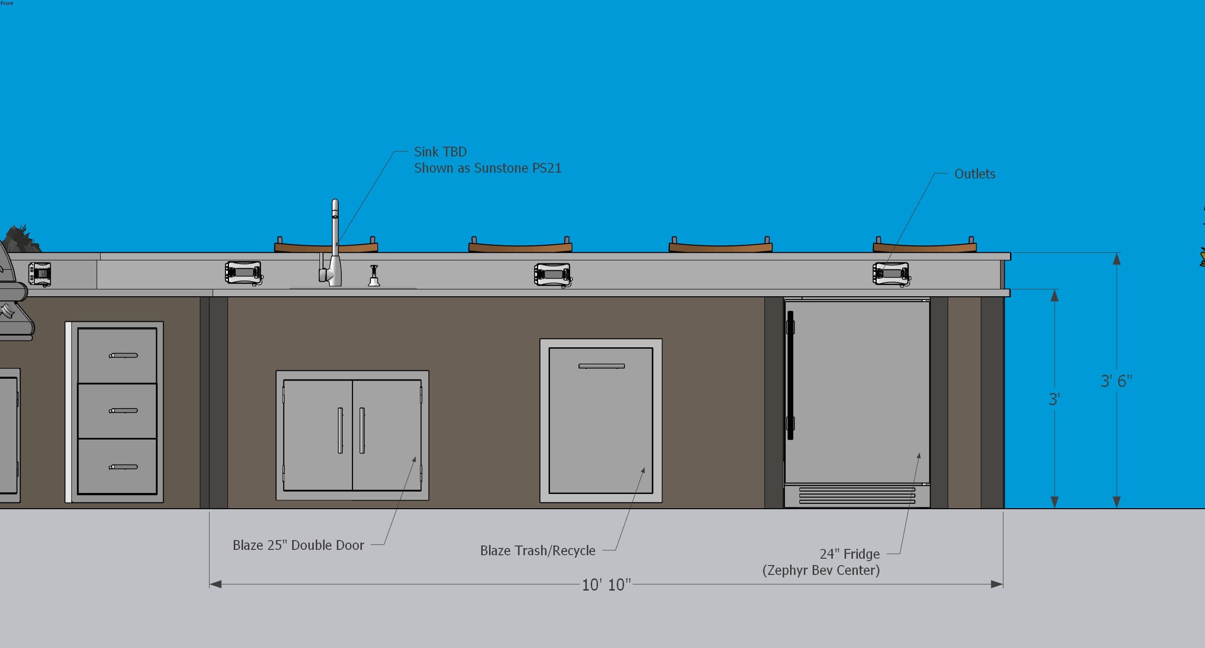Isometric base view — ventilation layout for grill and fridge