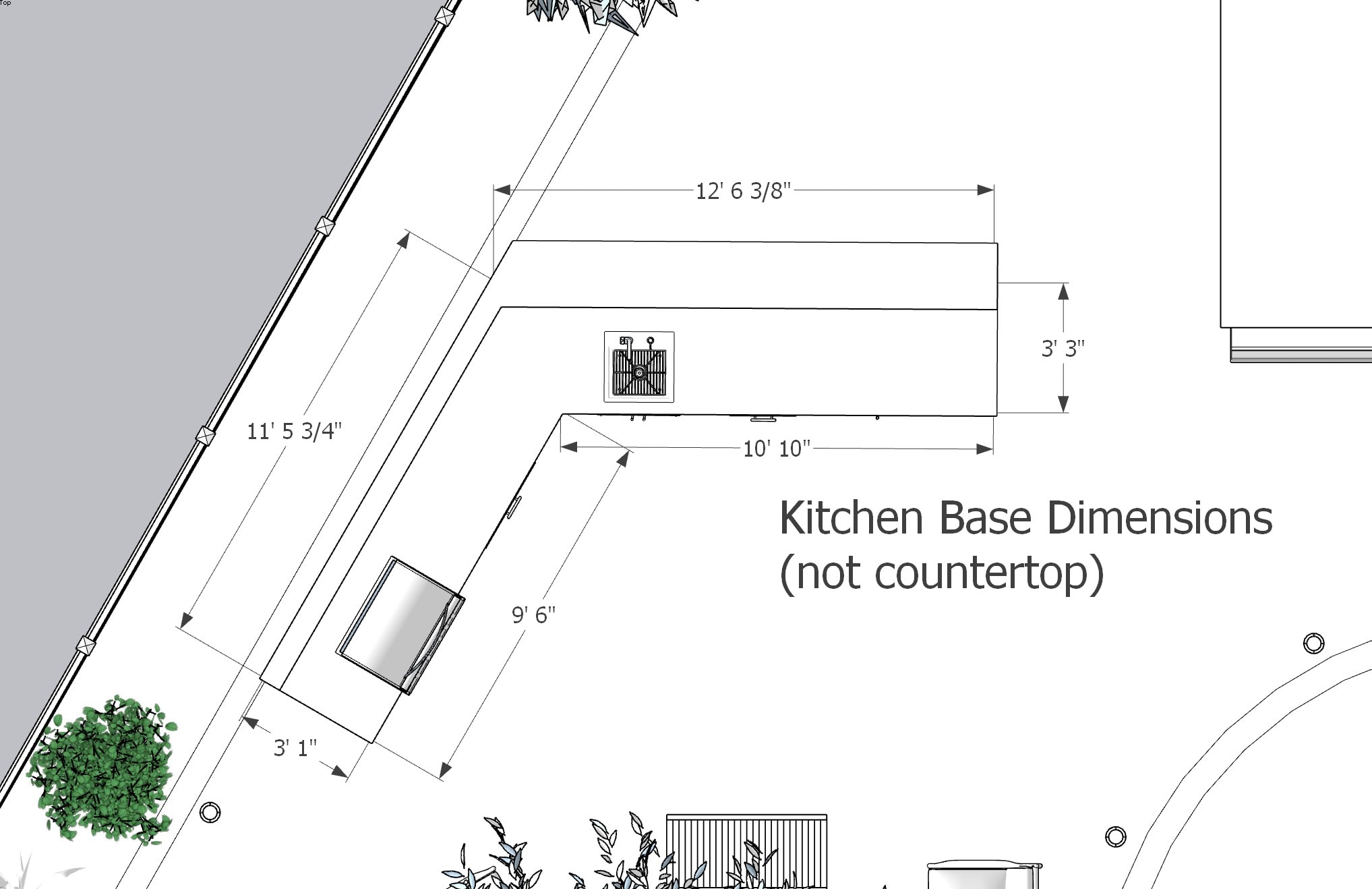 Kitchen base dimensions — top view with measurements