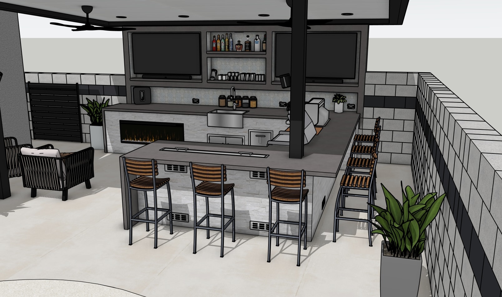 Modern Concrete Waterfall Edge Kitchen — U Shape