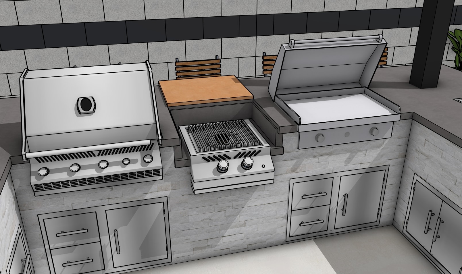 Bar top detail — concrete waterfall edge and poolside bar stools