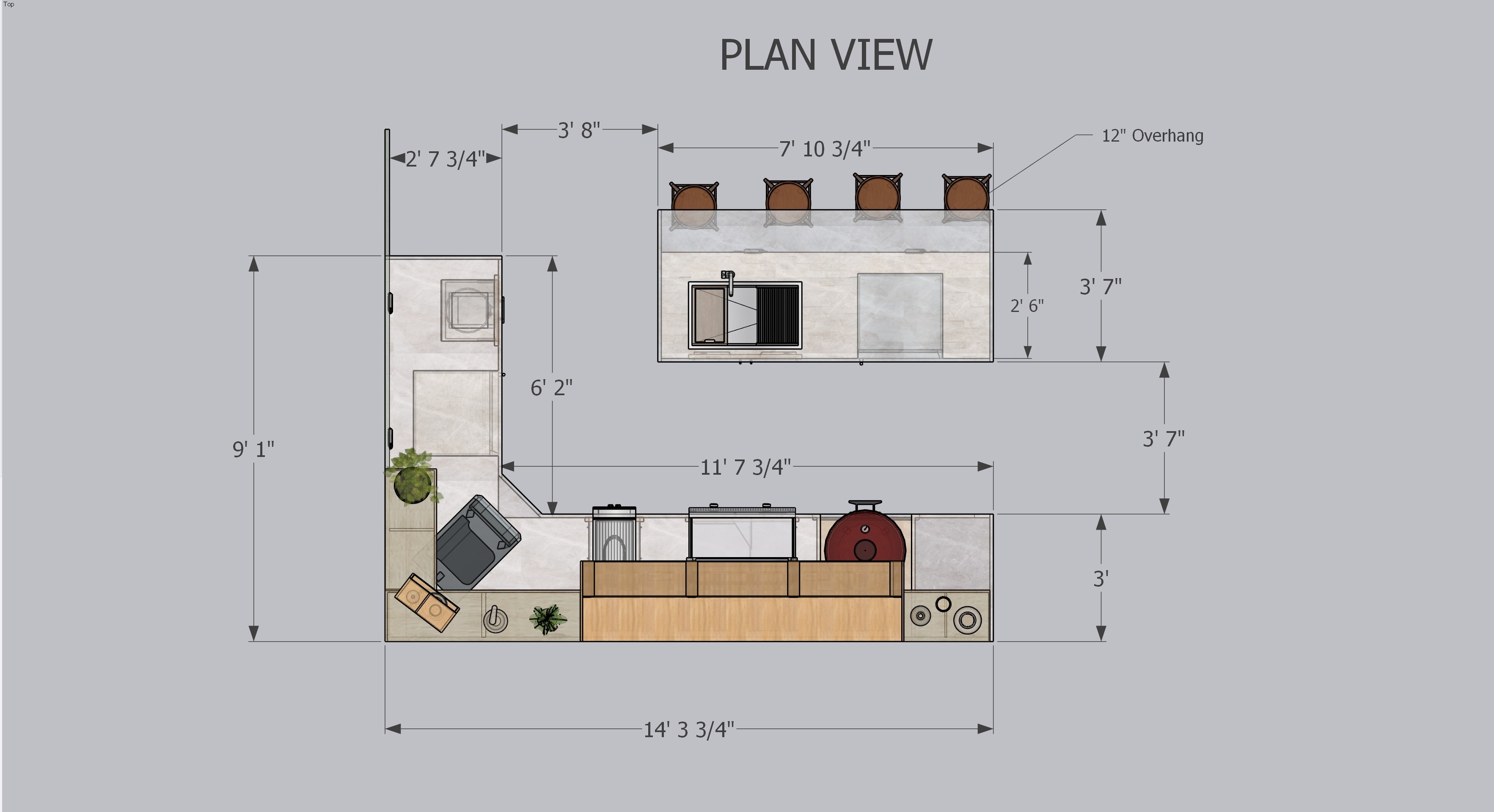 Plan view — top-down layout with full dimensions