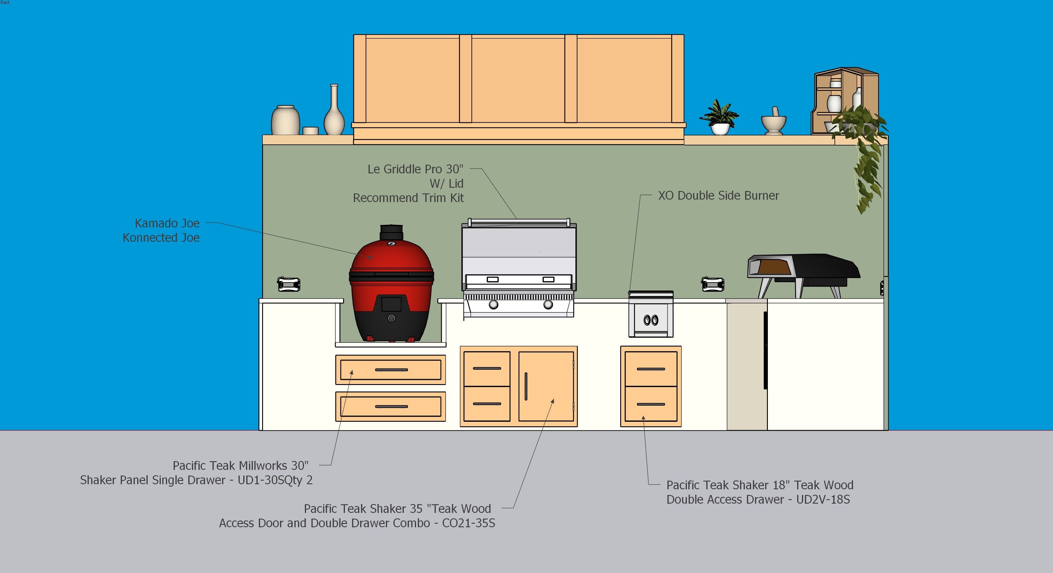 Back elevation — appliance callouts including Kamado Joe, Le Griddle Pro, and XO double side burner