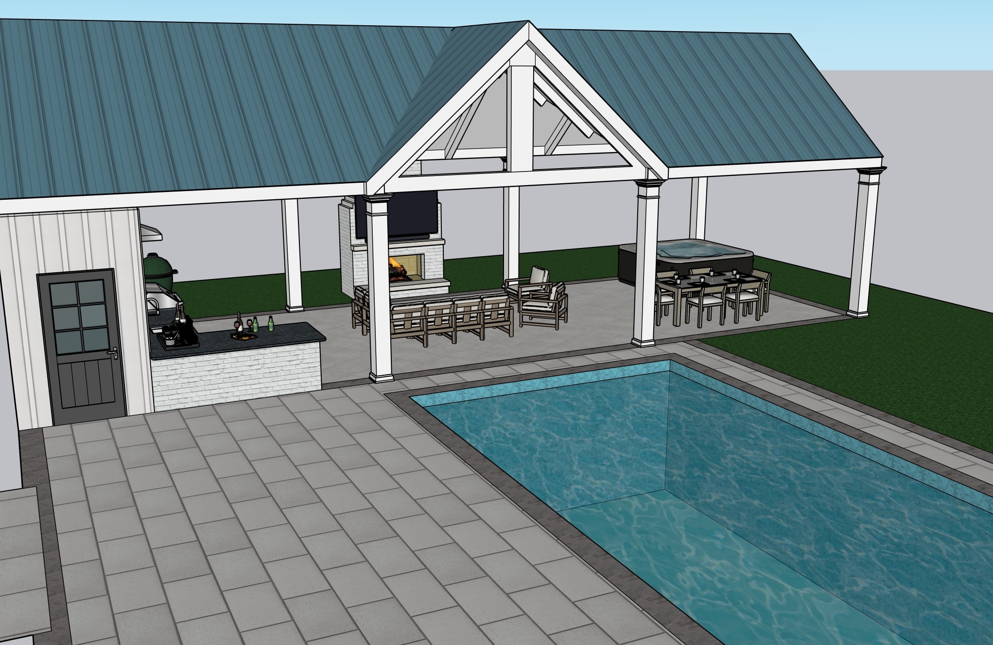Pool House White Brick Kitchen — L Shape