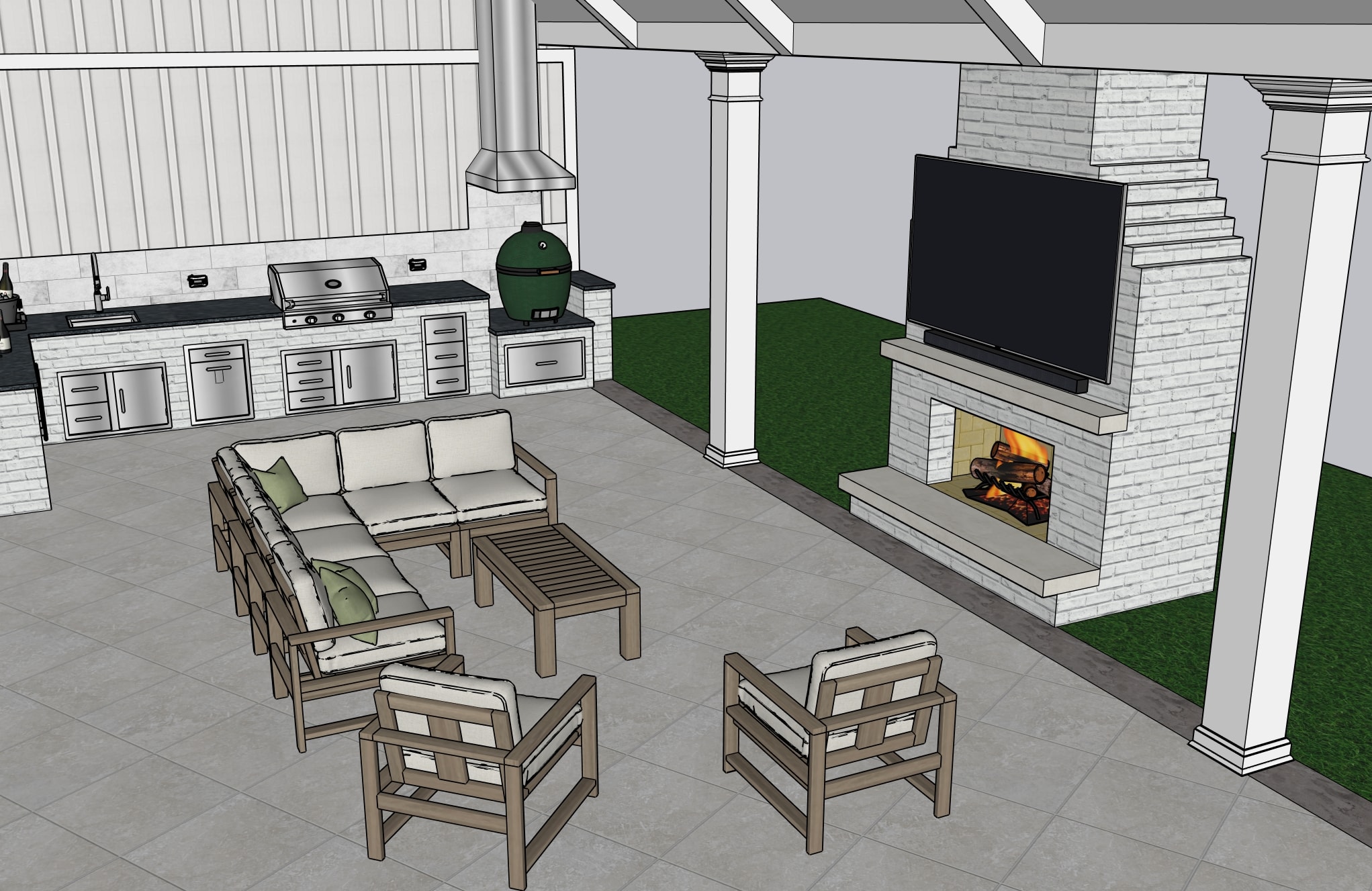 Full interior view — kitchen, lounge, and fireplace together