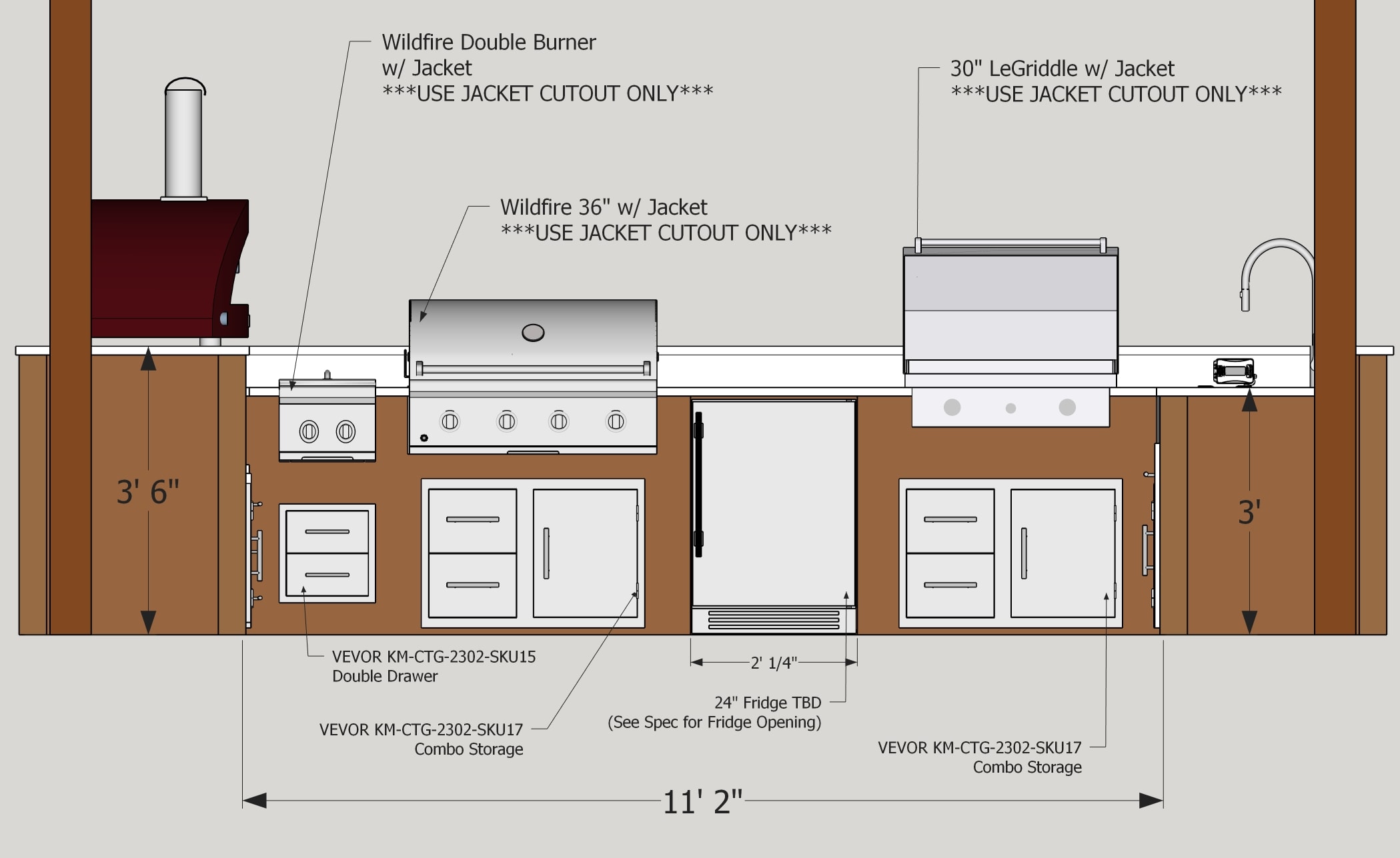 Front elevation — appliance layout and labels