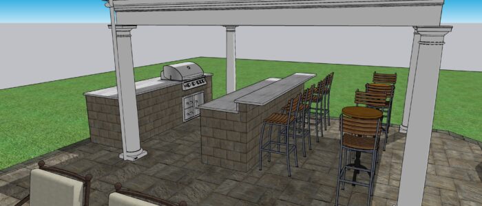 Galley Kitchen with Bar under Pergola Outdoor Bar Concept