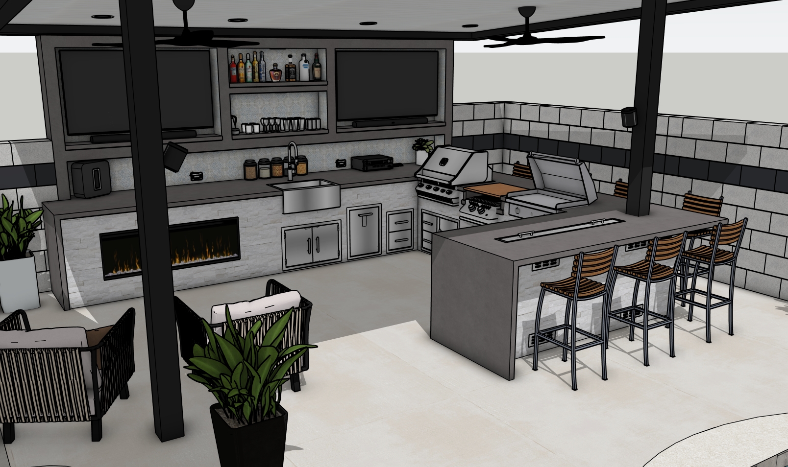 U-Shape Kitchen Under Pavilion Outdoor Kitchen Concept